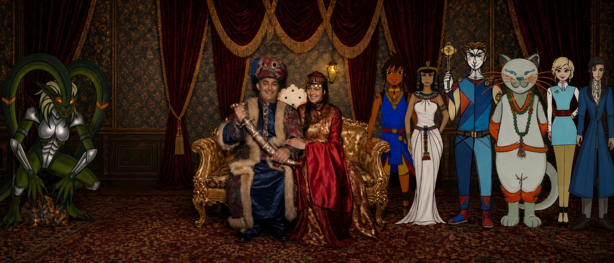 Fadwa and Mounir, the two founders, with the characters they created standing beside them