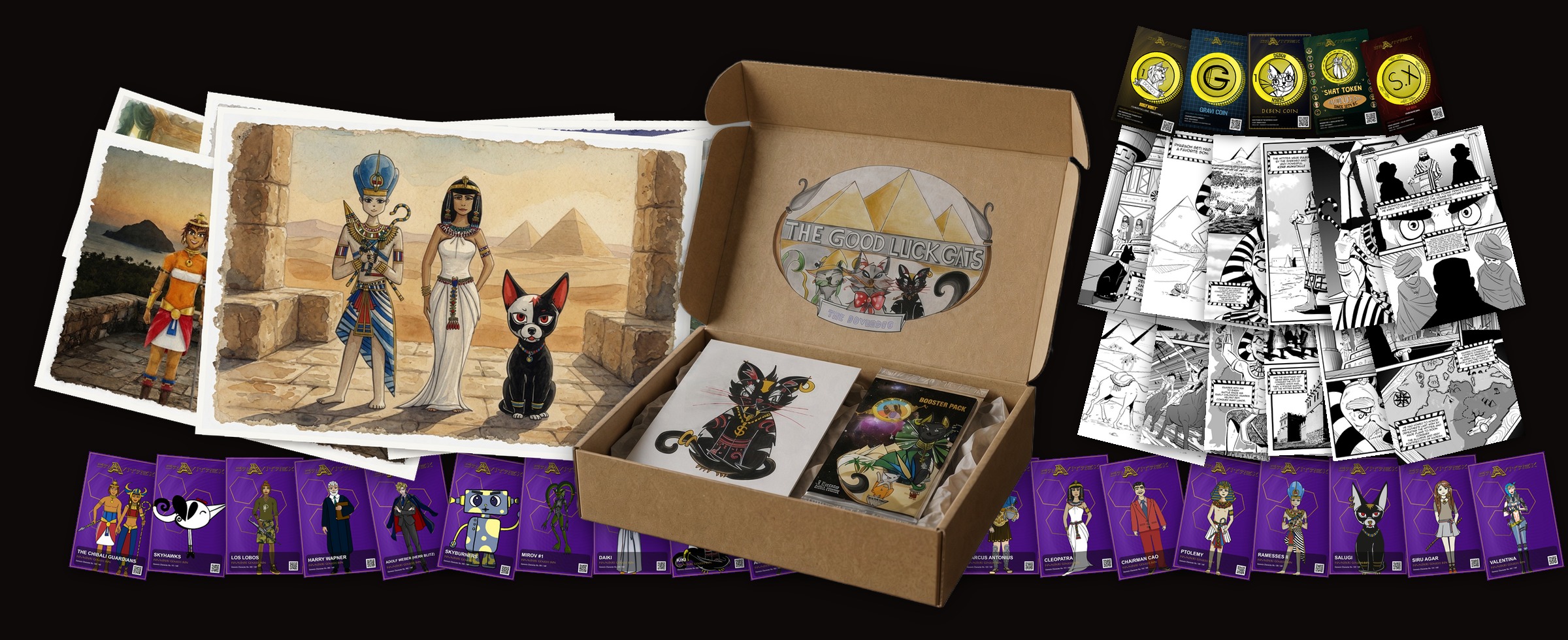 Everything from the Founders Genesis Box: prints, the open box, character cards, currency cards, and manga pages