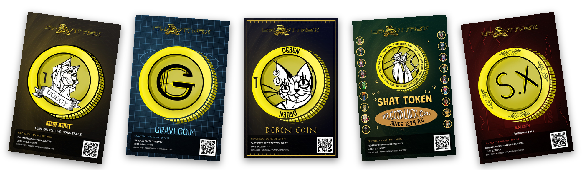 The five Gravitrek currency cards: Dodgy Money, Gravi, Deben, Shat, S.X